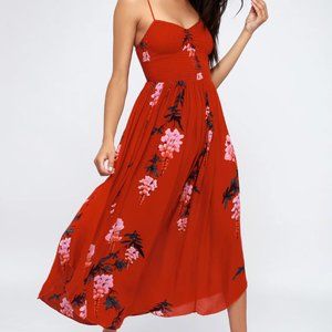 Free People Beau Red Floral Print Smocked Maxi Dress